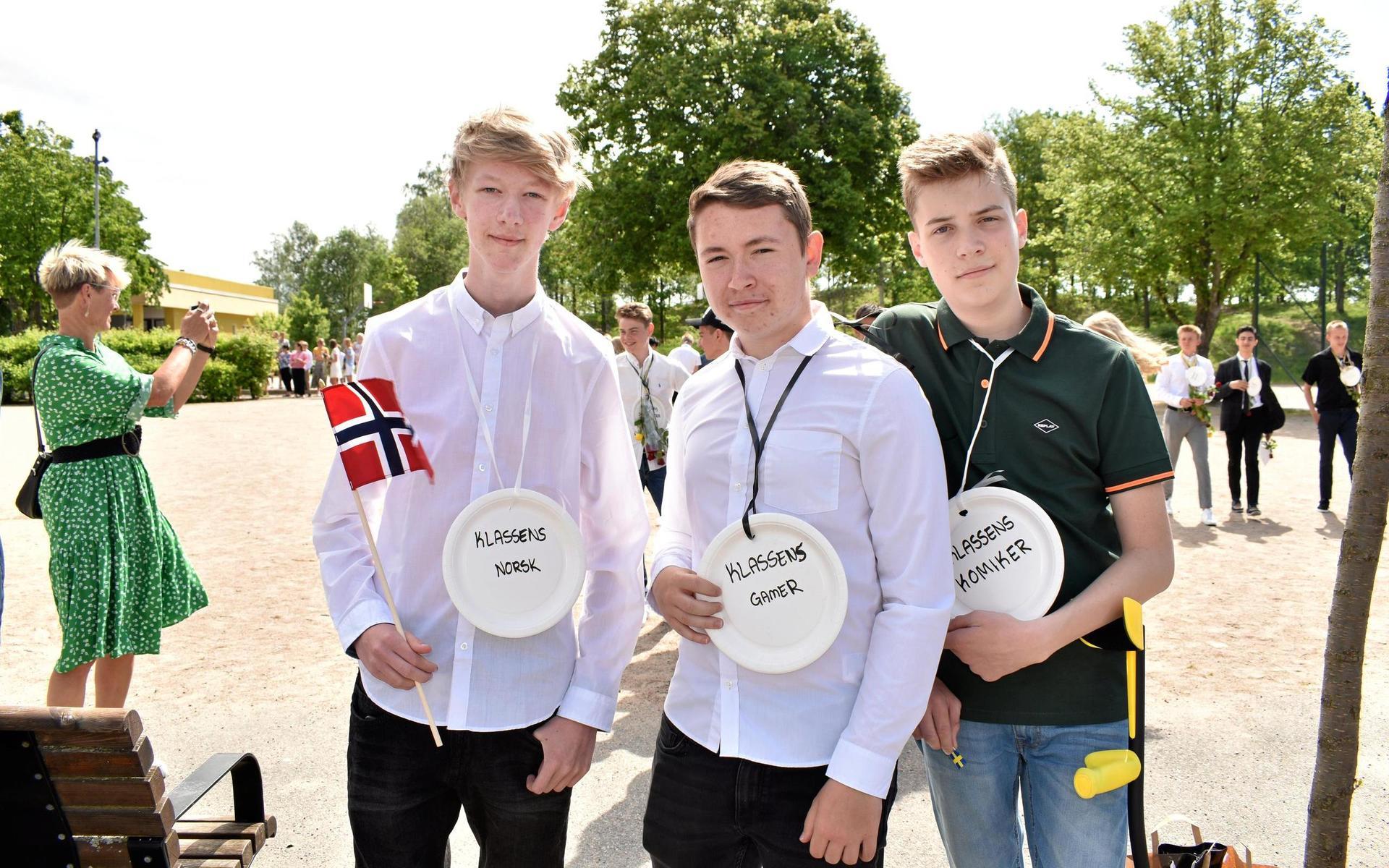 Martin Johansson, Hunor Krisztian Neda och Elliot Winge berättar att klassen gemensamt gett varandra en titel. ”Jag fick klassens norsk eftersom jag är halvnorsk. Min mamma kommer från Norge”, säger Martin.