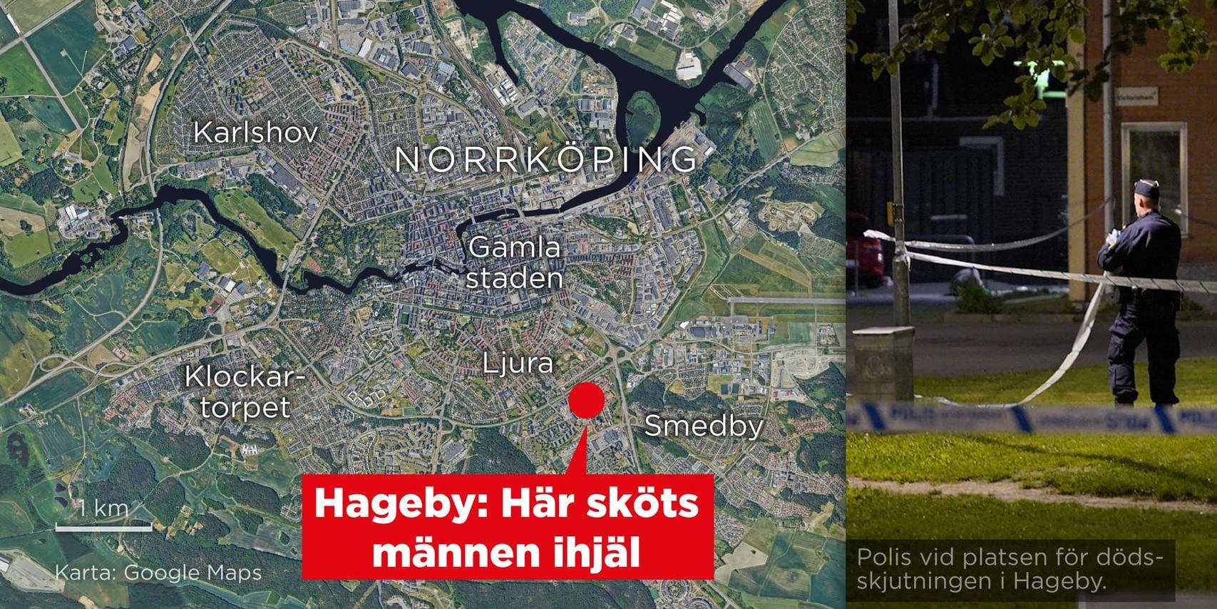 Kartan visar Hageby i Norrköping där två män sköts till döds under natten till måndagen.