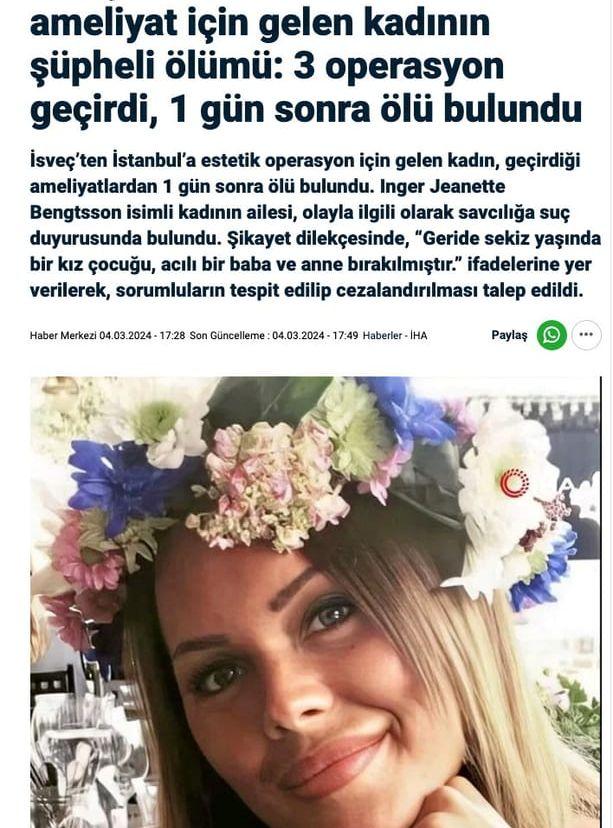 Från tv-kanalen NTV. Rubriken lyder ”Misstänkt död av en kvinna som kom till Istanbul från Sverige för plastikkirurgi: Hon genomgick 3 operationer och hittades död 1 dag senare”